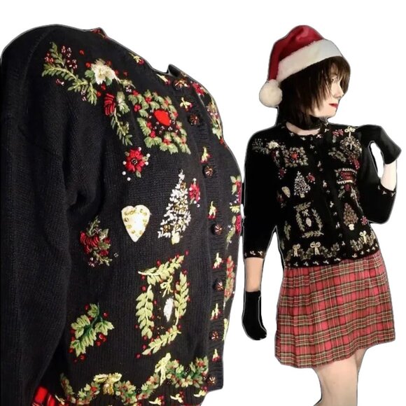 Black Christmas Sweater Lavish Ornate NOT UGLY Holiday Tiara Vintage - Picture 2 of 15